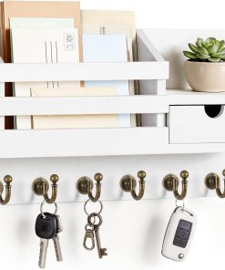 FifthQuarter Key Holder Wall Mount: Key and Mail Holder for Wall with 6 Hooks and Storage Drawer. Easy Installation Key Rack for Entryway Home Decor (A-White)