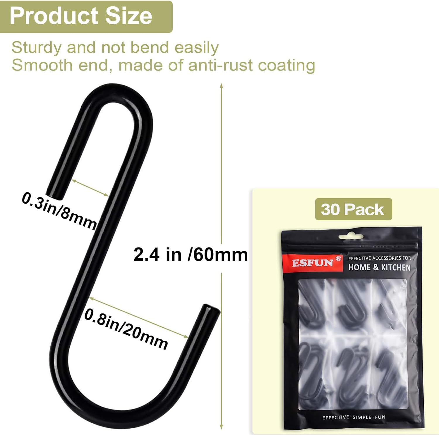 ESFUN 30 Pack 2.4 inches S Hooks for Hanging on Wire Shelves. Black S Shaped Hanging Hooks Hangers Pan Holder Pot Wire Rack Hooks for Kitchenware Spoons Pans Pots Utensils Jeans Bags Towels Plants. - Image 3