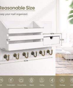 Alternative view of FifthQuarter Key Holder Wall Mount: Key and Mail Holder for Wall with 6 Hooks and Storage Drawer. Easy Installation Key Rack for Entryway Home Decor (A-White)