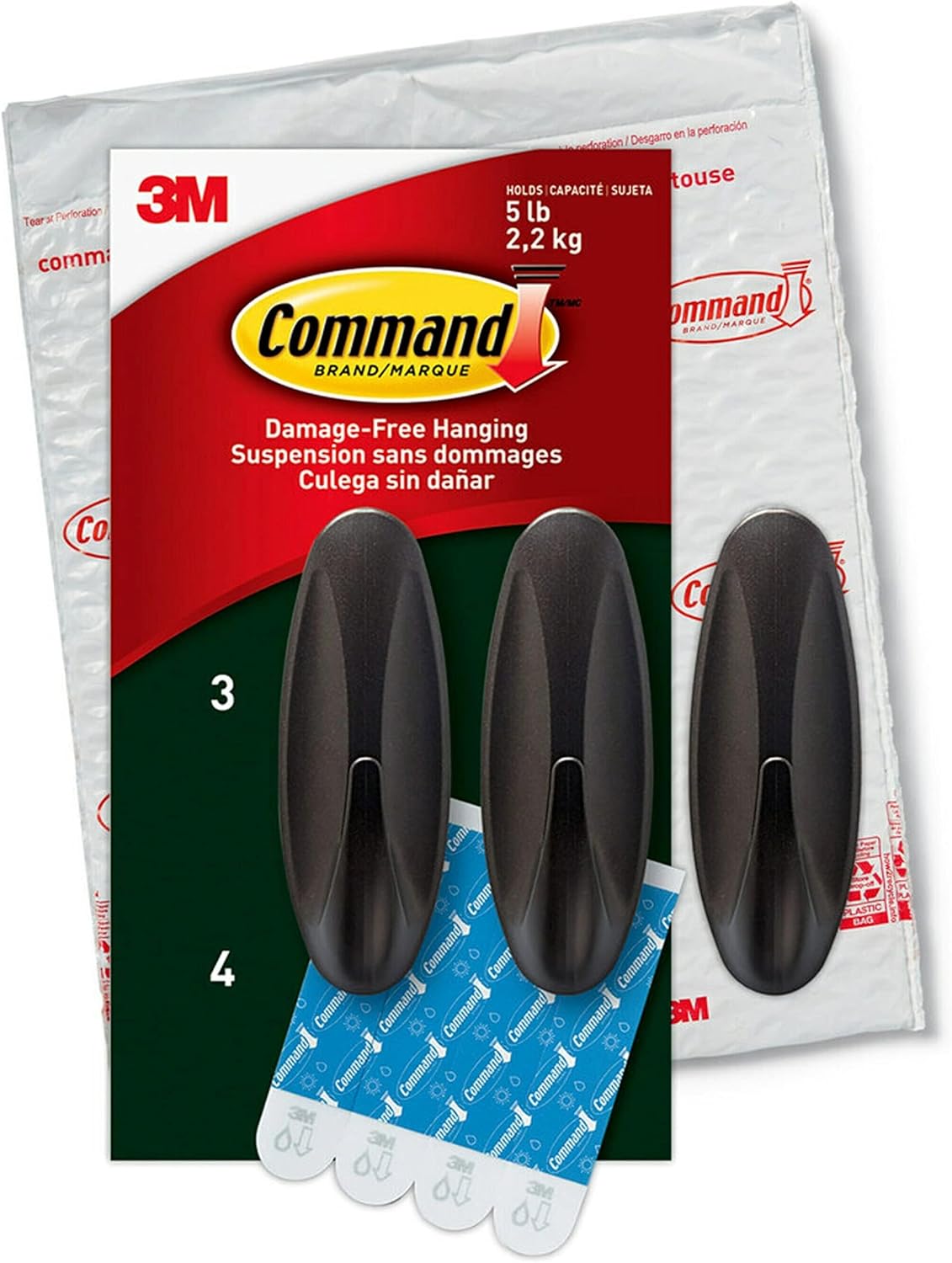 Command Outdoor Large Bronze Hooks. Holds 5 lb. 3 Hooks 4 Strips. Damage-Free. Weather Resistant for Hanging Decor