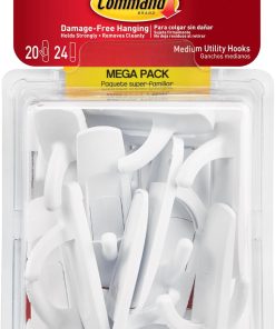 Command Medium Utility Hooks. 20 Hooks and 24 Strips. Damage-Free Hanging Wall Hook with Adhesive Strips. No Tools Great for Hanging. Organization and Storage. Holds up to 3 lb