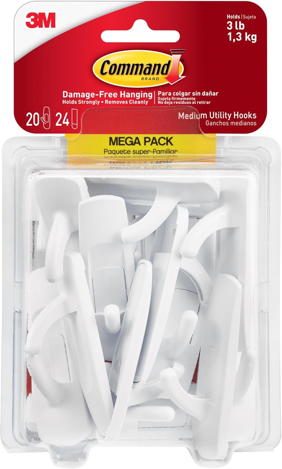 Command Medium Utility Hooks. 20 Hooks and 24 Strips. Damage-Free Hanging Wall Hook with Adhesive Strips. No Tools Great for Hanging. Organization and Storage. Holds up to 3 lb