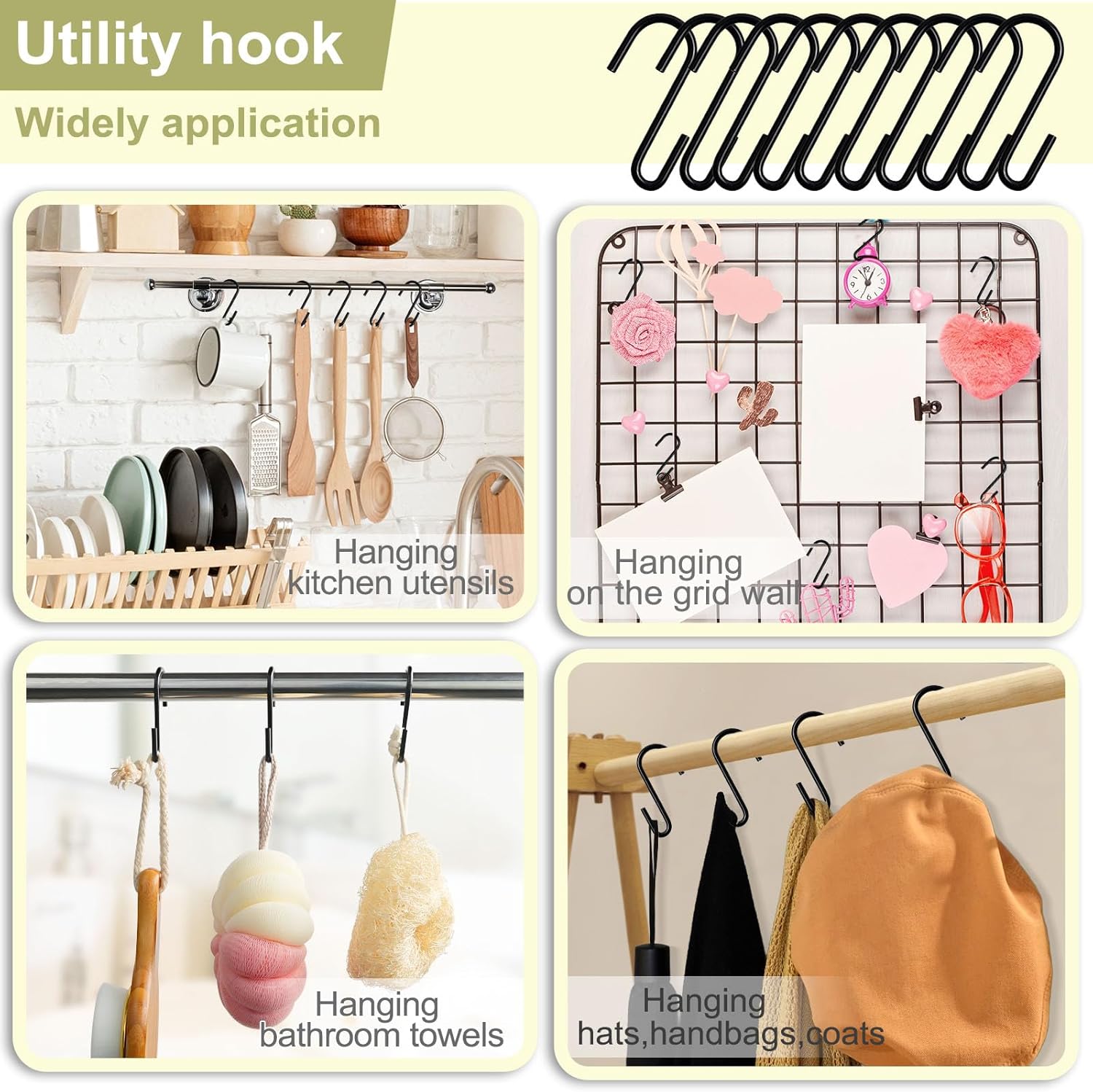ESFUN 30 Pack 2.4 inches S Hooks for Hanging on Wire Shelves. Black S Shaped Hanging Hooks Hangers Pan Holder Pot Wire Rack Hooks for Kitchenware Spoons Pans Pots Utensils Jeans Bags Towels Plants. - Image 5